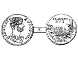 Hadrian, coin, of. Left: Hadiran. Right: Trireme ship